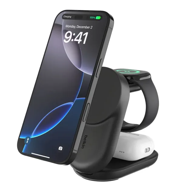Belkin Ultracharge 3-in-1 Foldable Magnetic Charger With QI2 25W, Black product image